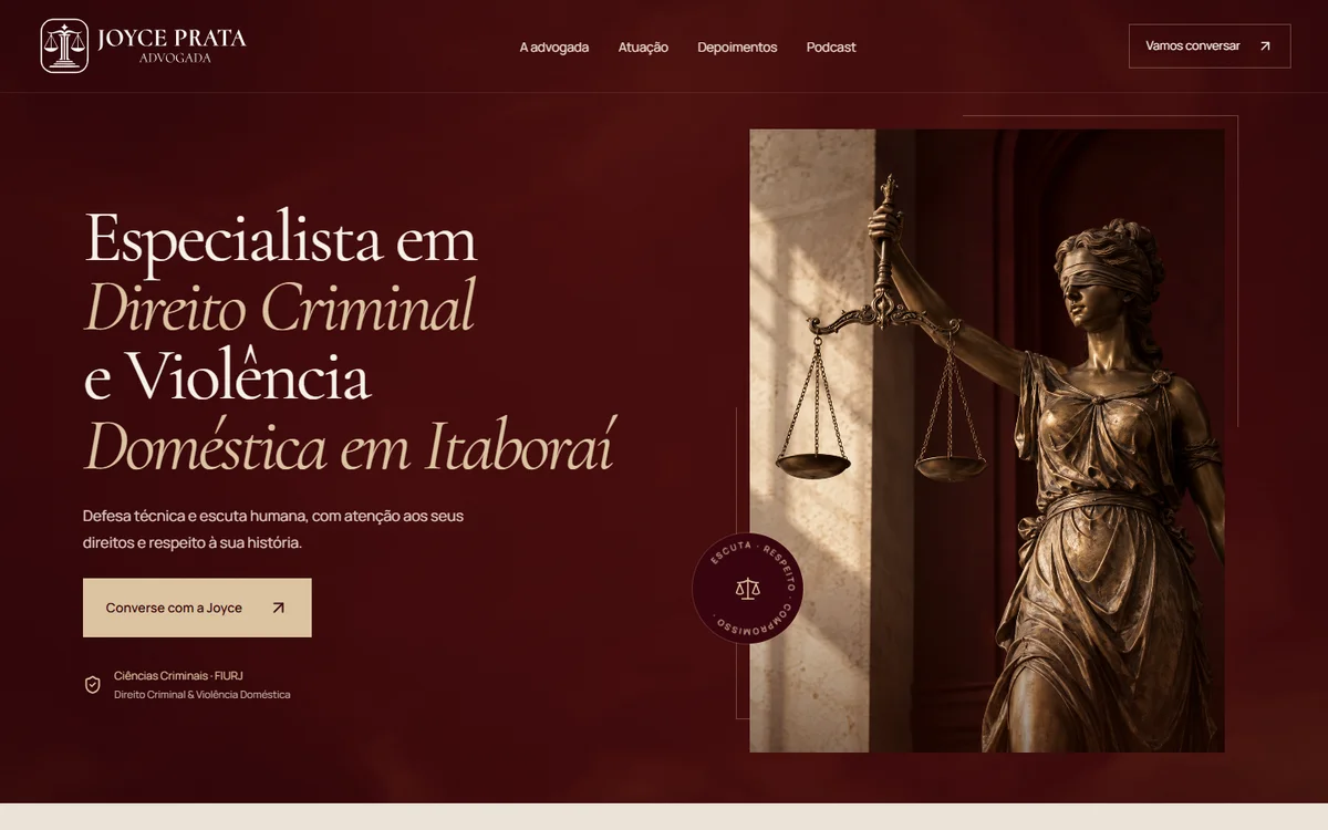 Página inicial da advogada Joyce Prata, com estátua da Justiça e identidade em vinho e dourado